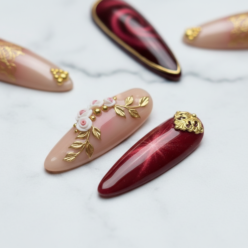 Macro 3D white porcelain rose and gold fleur-de-lis custom press-on nails — LuxepressCo