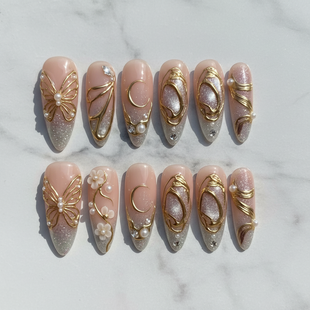 Flat lay top-down full set 10 gold wire butterfly moon aurora glitter pearl salon-quality nails white marble — LuxepressCo