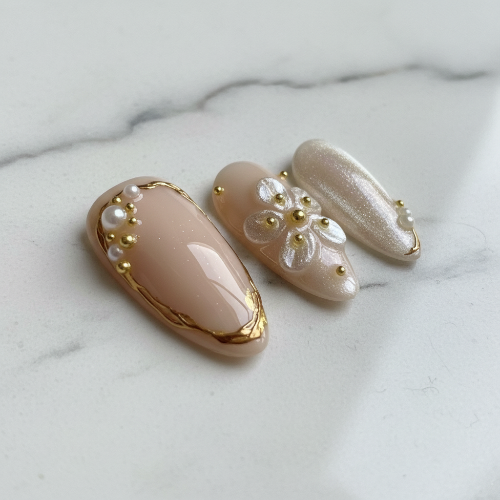Close-up nude beige gold foil and 3D white flower pearl custom press-on nails — LuxepressCo