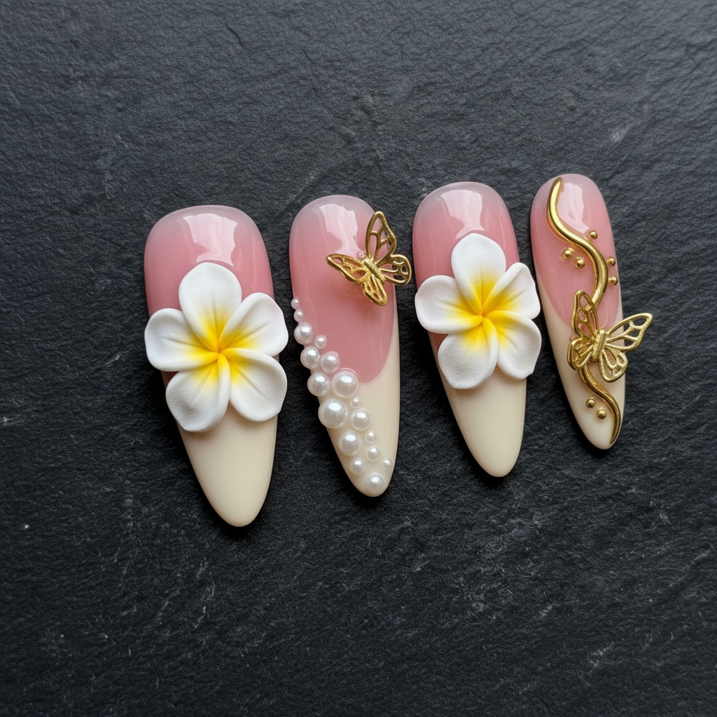Macro close-up 3D plumeria flower gold butterfly charm pearl custom press-on nails dark background — LuxepressCo
