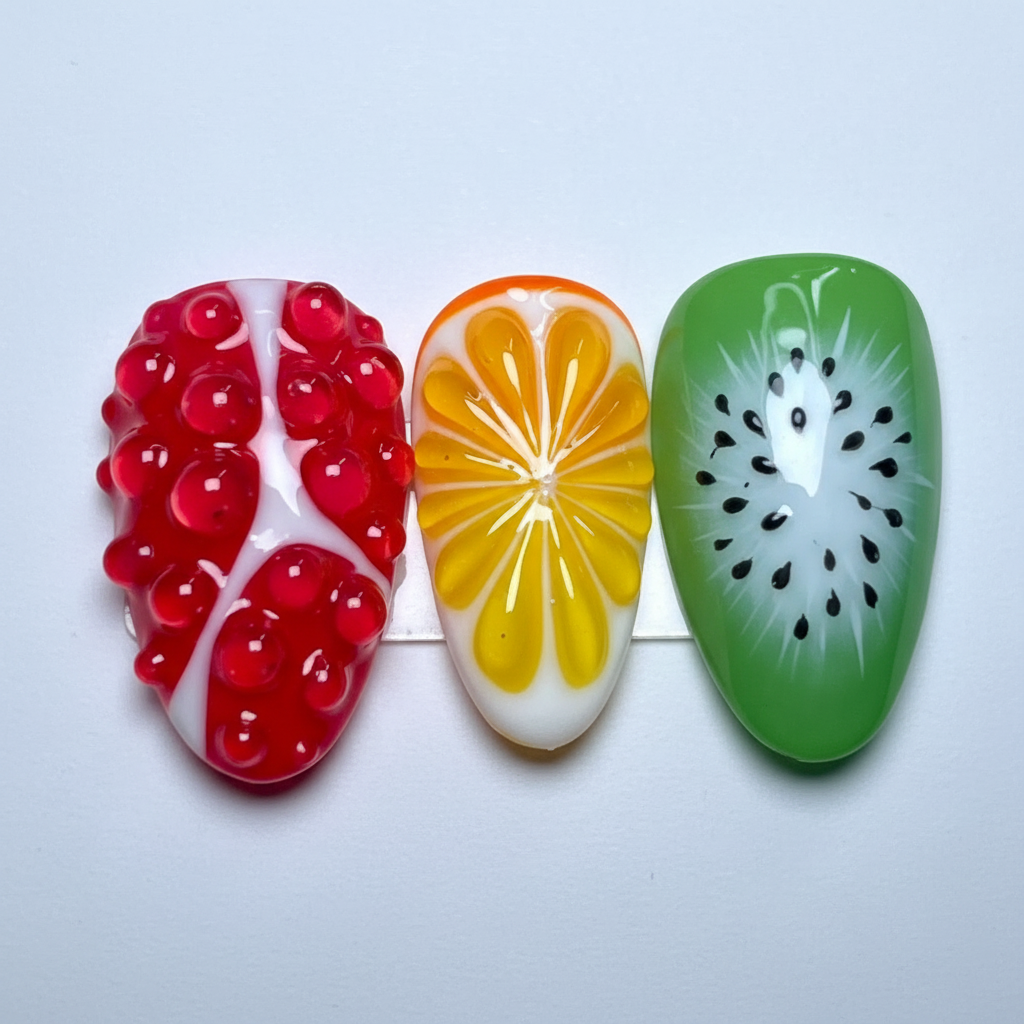 Macro close-up 3D pomegranate seeds orange citrus kiwi slice gel nail art tropical custom press-on nails — LuxepressCo
