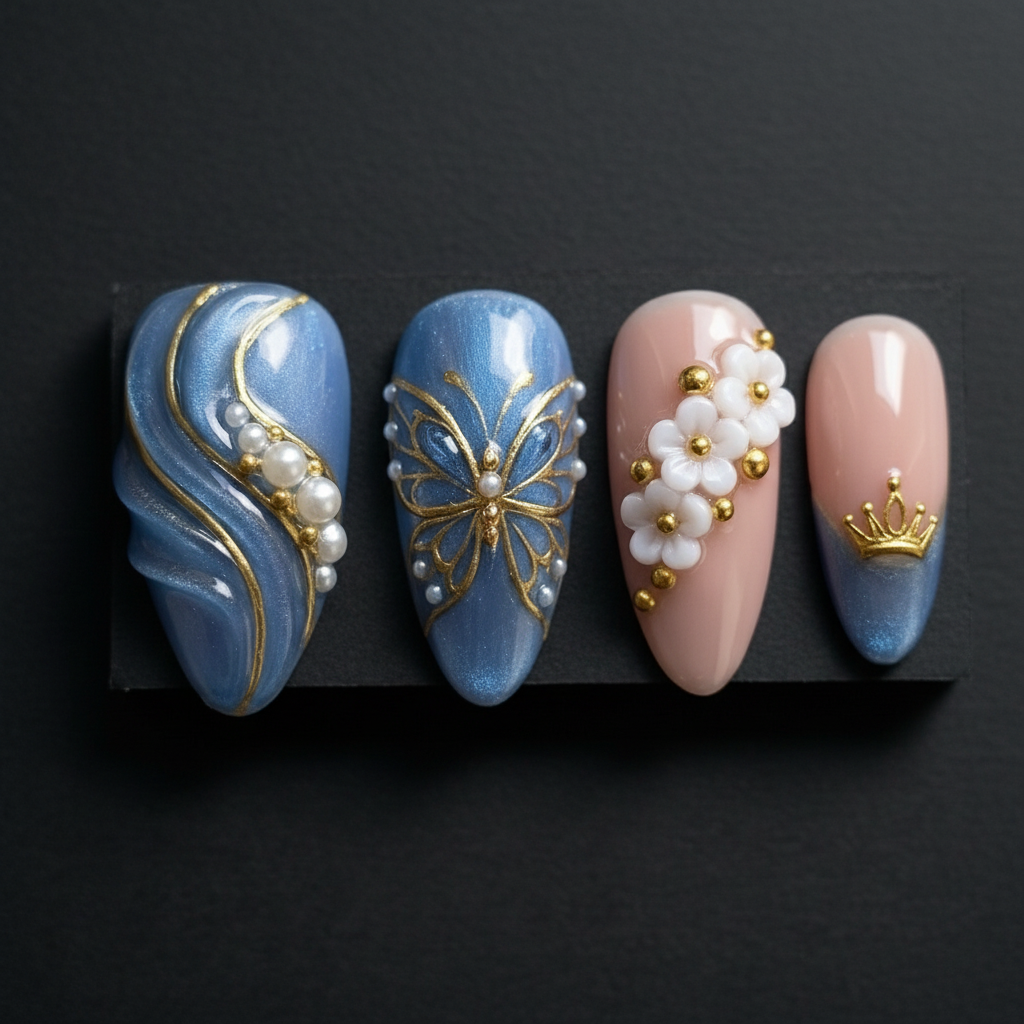 Macro close-up 3D white floral pearl gold butterfly custom press-on nails dramatic lighting — LuxepressCo