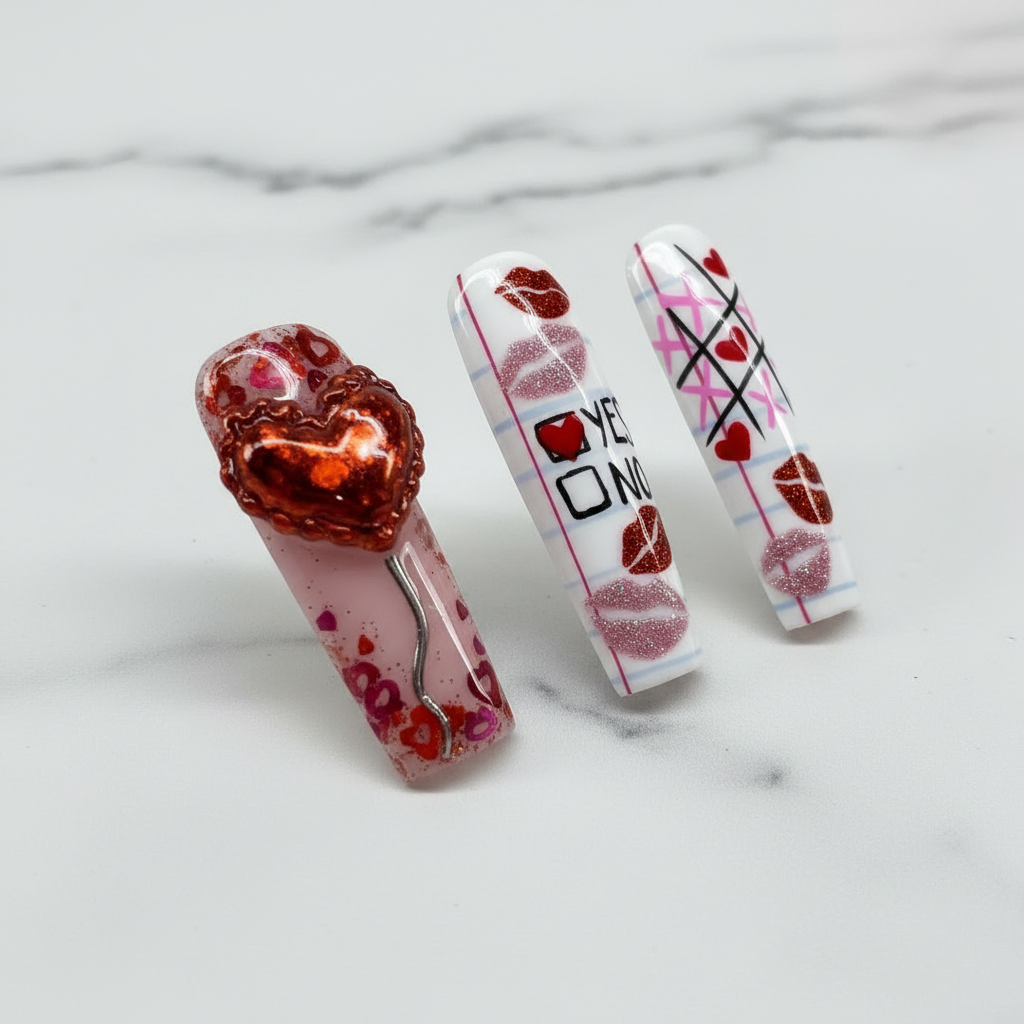 Valentine's Day hearts cartoon coffin press-on nails texture gloss macro custom — LuxepressCo