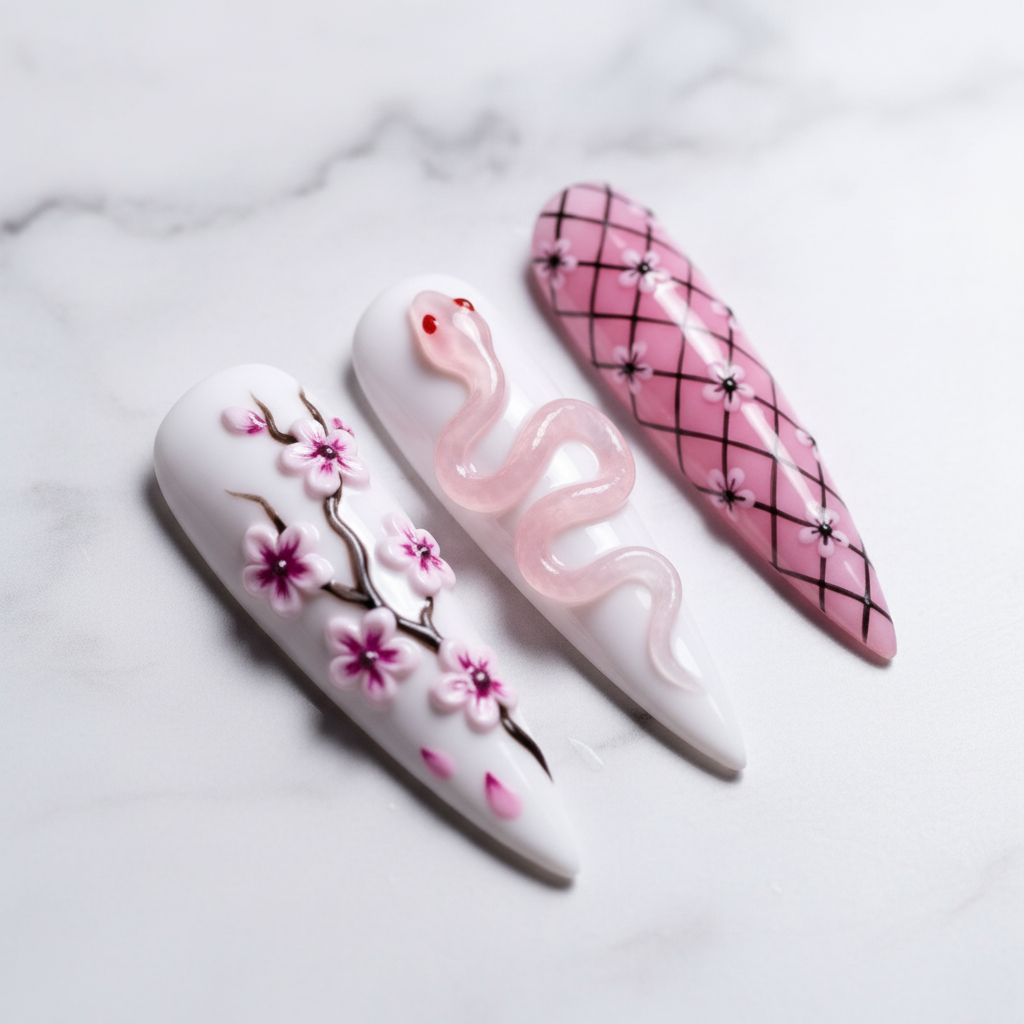 Macro close-up pink cherry blossom falling petals pink snake custom press-on nails marble — LuxepressCo