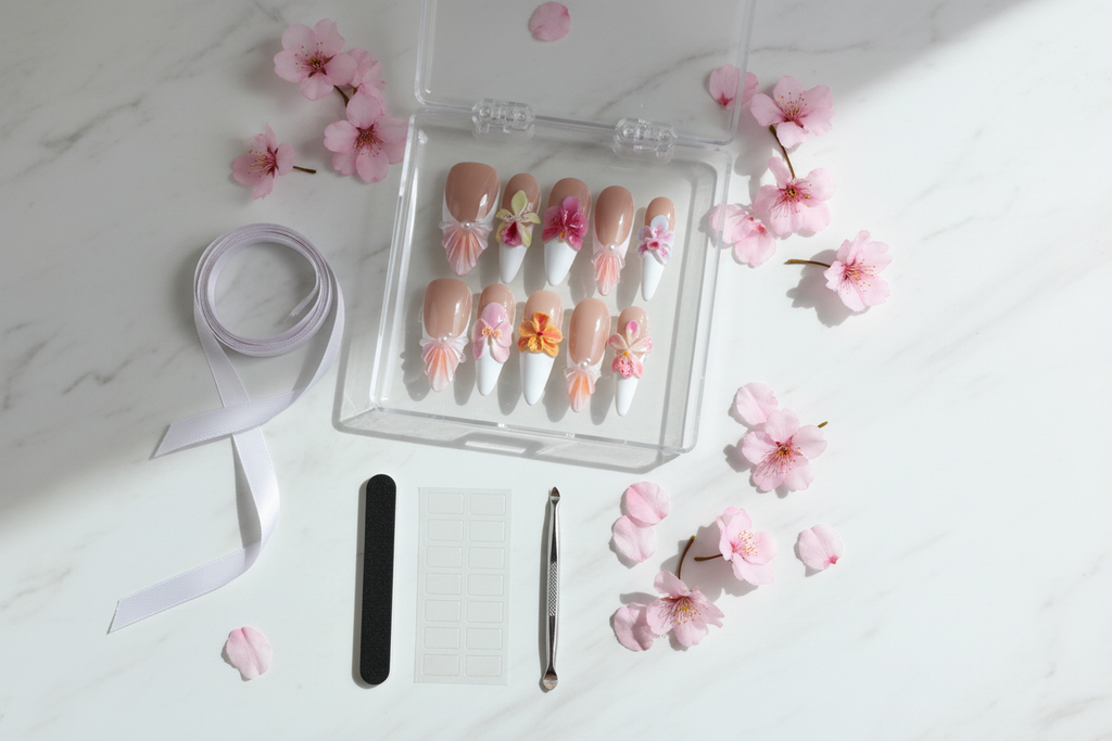 Luxury acrylic box unboxing nude blush 3D botanical floral custom press-on nails with accessories — LuxepressCo