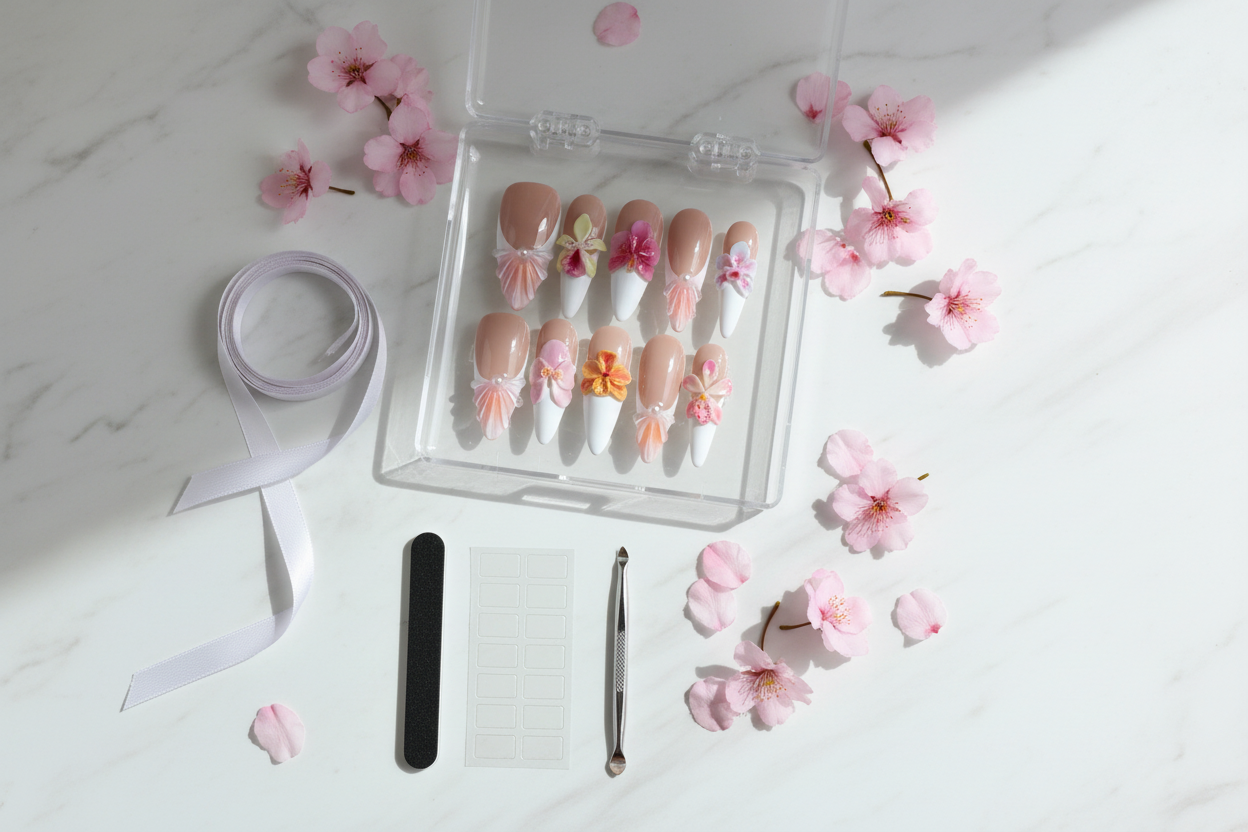 Luxury acrylic box unboxing nude blush 3D botanical floral custom press-on nails with accessories — LuxepressCo