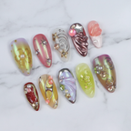 Aurora fairycore jelly 3D gold star rose spiral charm custom press-on nails full set on white marble — LuxepressCo