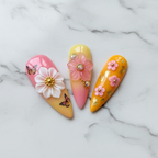 Macro close-up gold foil butterfly pink white 3D flowers orange ombre custom press-on nails — LuxepressCo