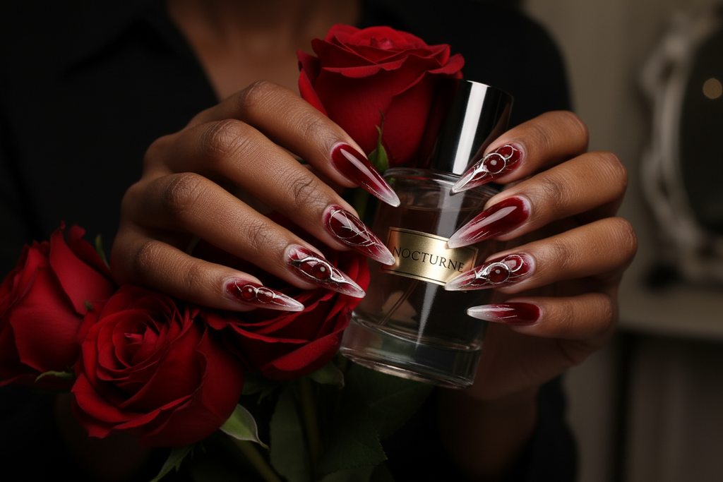 Lifestyle dark skin hands wearing crimson jelly stiletto custom press-on nails holding roses — LuxepressCo