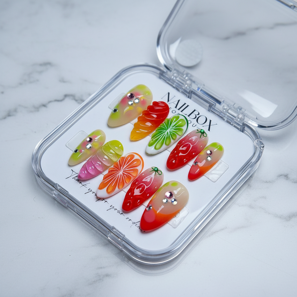 Full set 10 tropical jelly lime strawberry orange crystal rhinestone custom press-on nails on marble — LuxepressCo