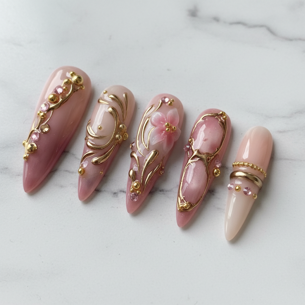 Macro close-up oval gold frame accent dusty rose stiletto custom press-on nails white marble — LuxepressCo