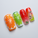 Macro close-up orange citrus slice green lime slice red strawberry green bow crystal rhinestone square nail art — LuxepressCo