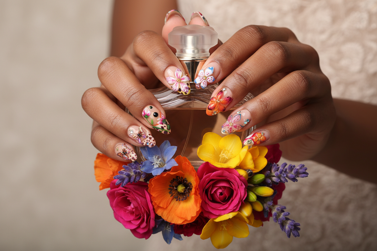 Dark skin hands holding floral perfume wearing colorful floral garden custom press-on nails — LuxepressCo