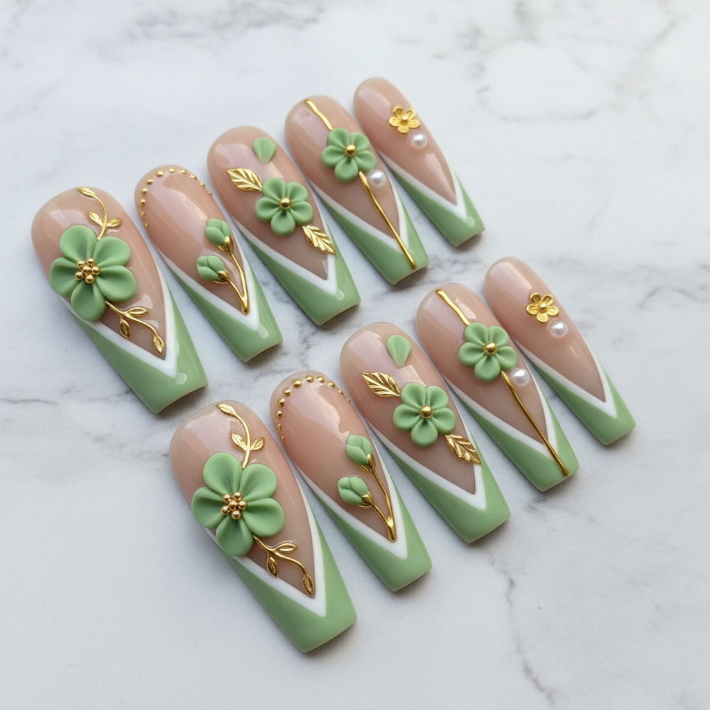 Sage green 3D floral custom press-on nails full set 10 nails white marble background — LuxepressCo