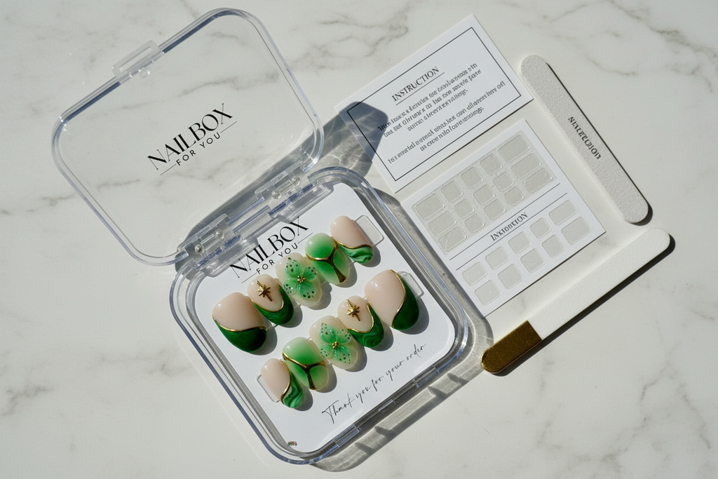 LuxepressCo emerald green marble custom press-on nails unboxing acrylic box with accessories