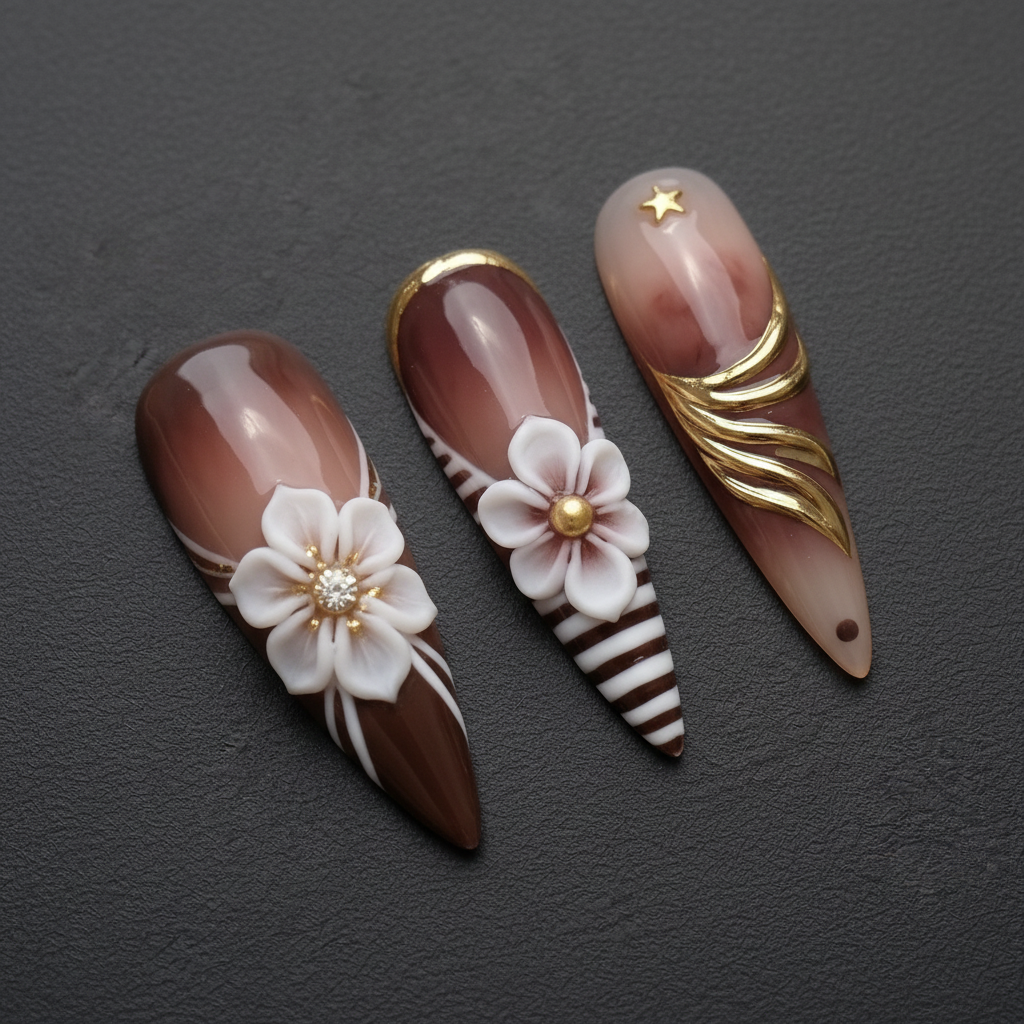 Macro close-up 3D white flower gold foil swirl brown ombre stiletto custom press-on nails dramatic lighting — LuxepressCo
