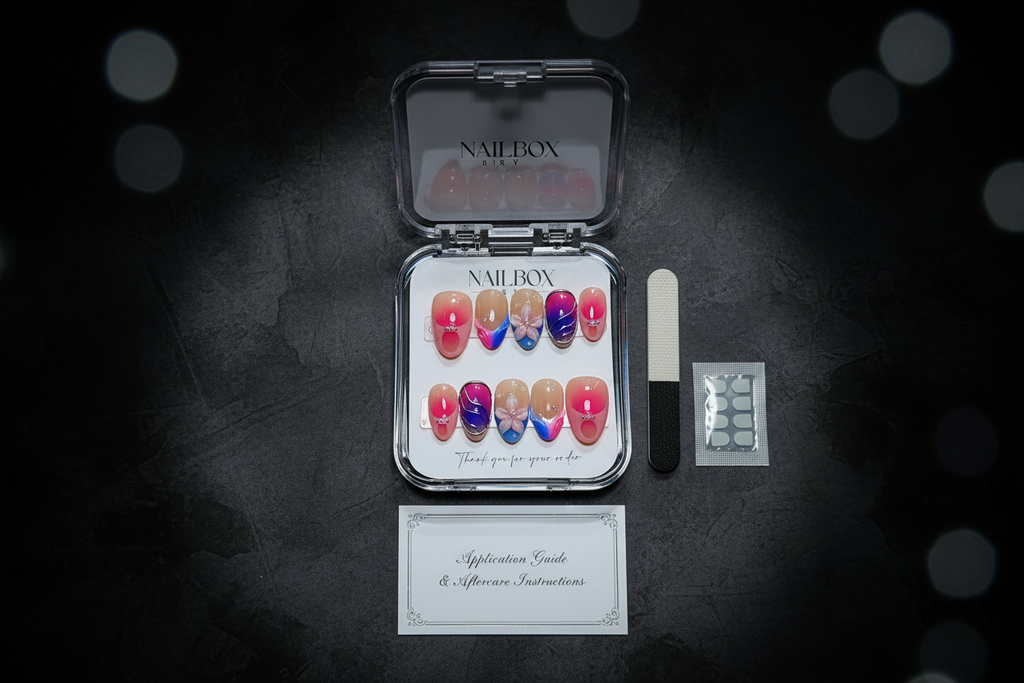 LuxepressCo galaxy aurora custom press-on nails unboxing acrylic box with accessories