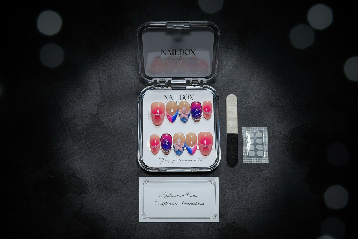 LuxepressCo galaxy aurora custom press-on nails unboxing acrylic box with accessories