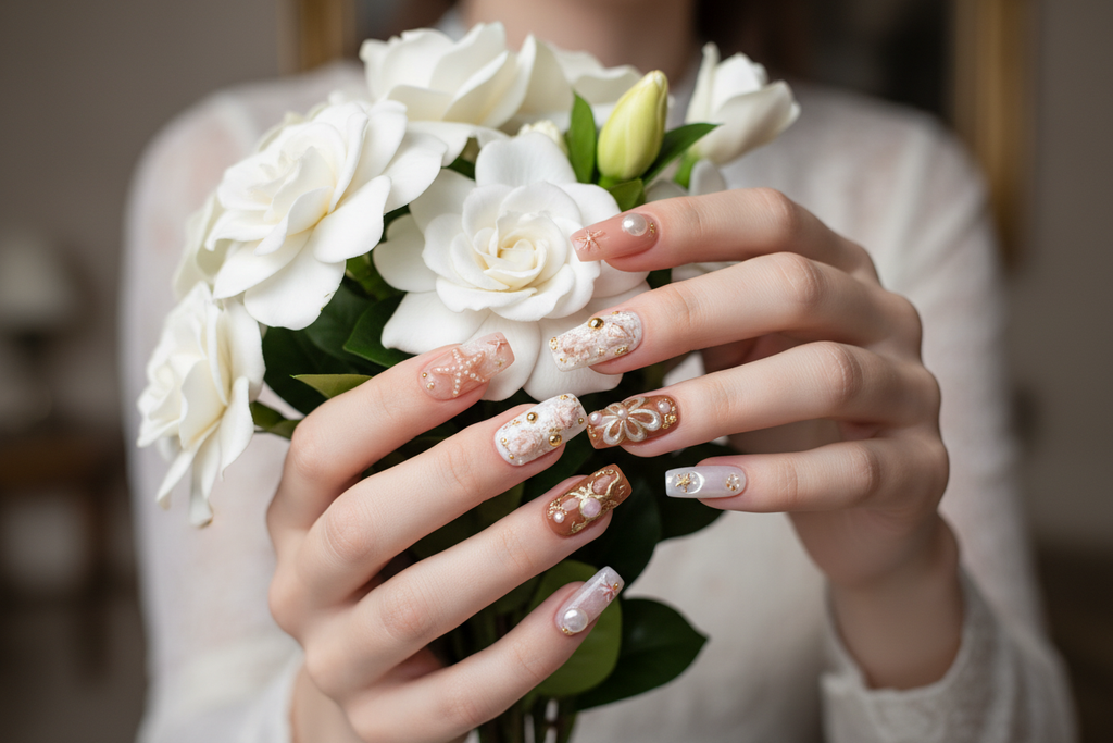 Fair-skin hands wearing ocean shell starfish marble gold bow pearl custom press-on nails holding white gardenias — LuxepressCo