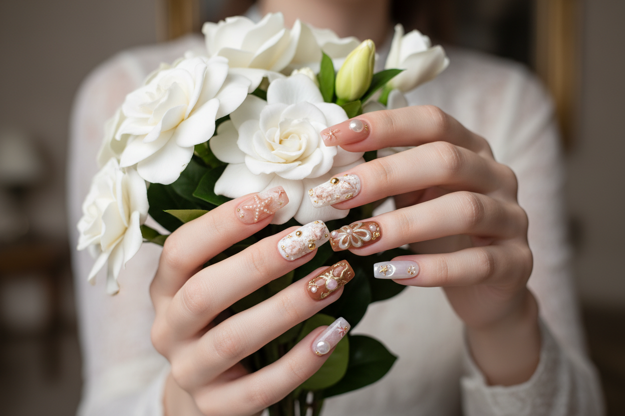 Fair-skin hands wearing ocean shell starfish marble gold bow pearl custom press-on nails holding white gardenias — LuxepressCo