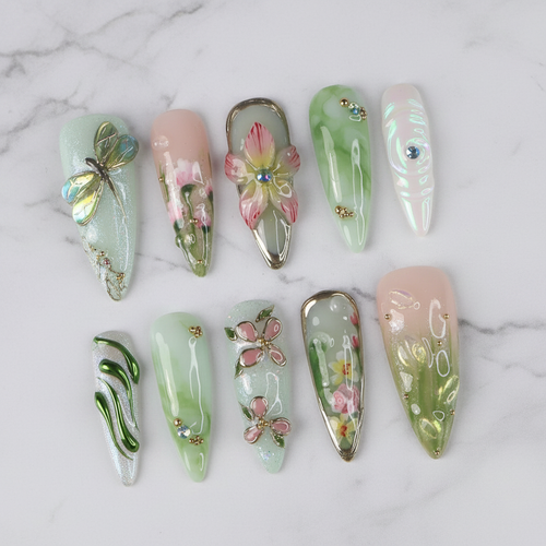 Dragonfly garden 3D iridescent dragonfly floral custom press-on nails sage green ombre botanical watercolor full set flat lay — LuxepressCo
