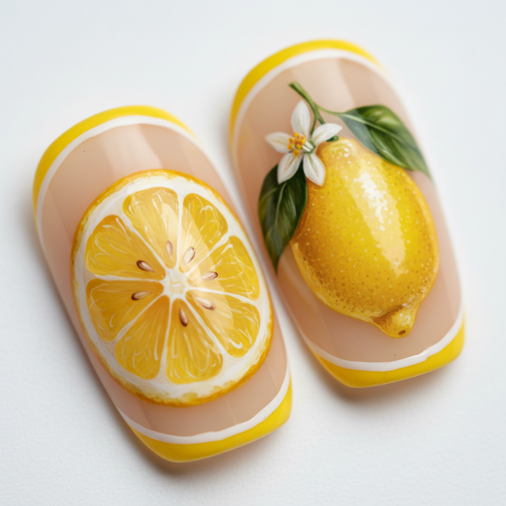 Macro close-up nude beige yellow French tip hand-painted lemon citrus slice salon-quality almond press-on nails — LuxepressCo