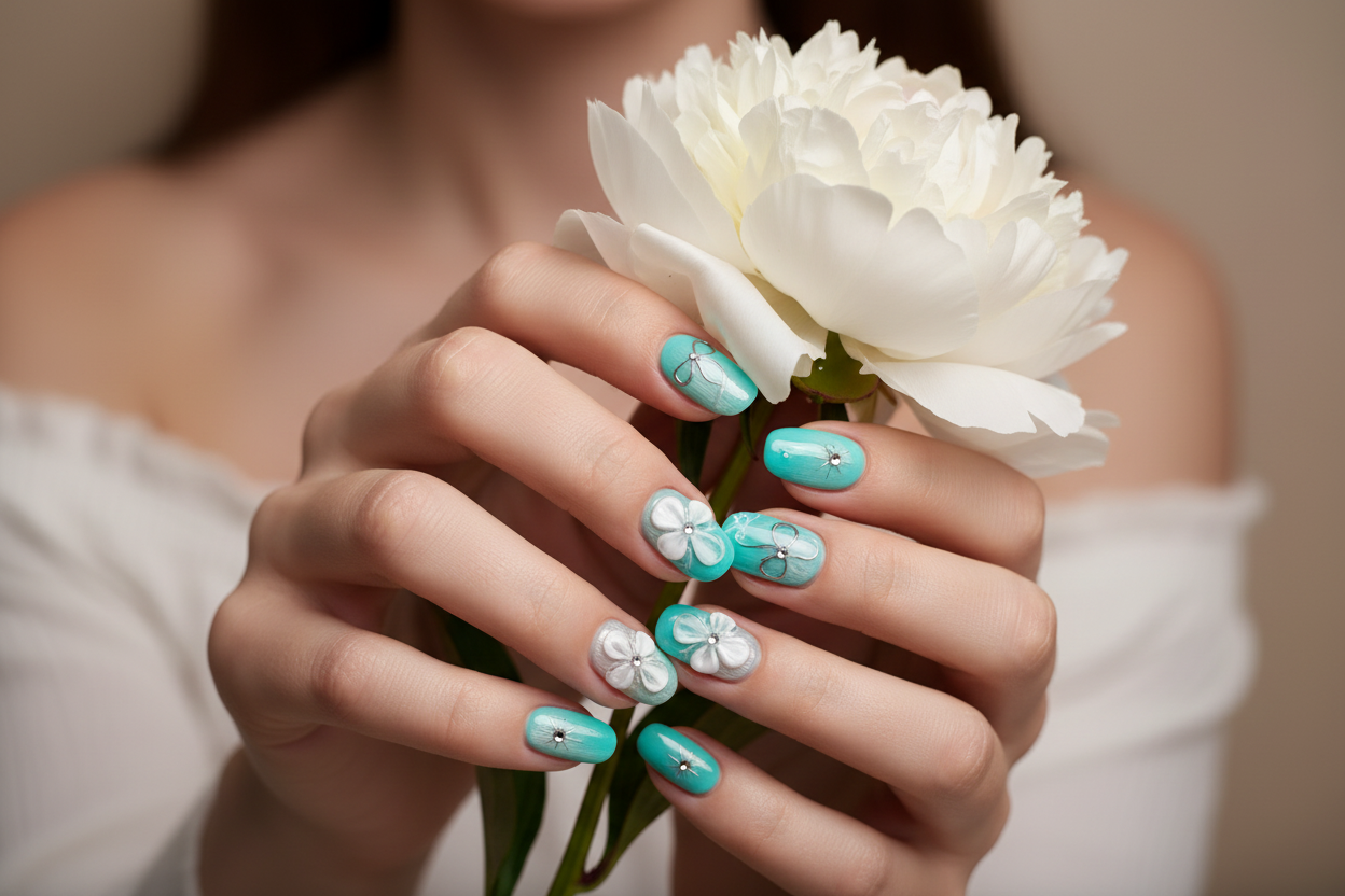 Light skin hands holding peony wearing teal floral bow reusable nails salon-quality nails — LuxepressCo