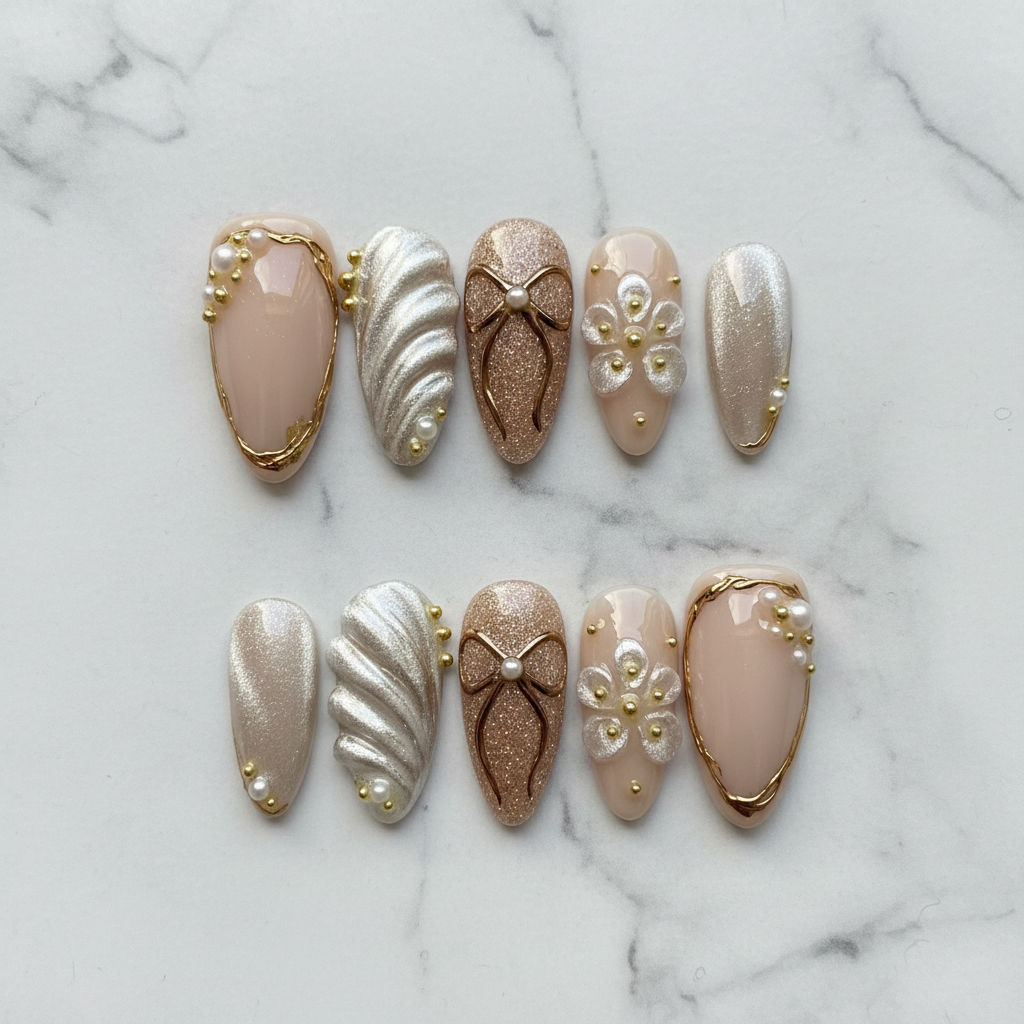 Flat lay top-down full set 10 pearl bow chrome wave salon-quality reusable press-on nails — LuxepressCo