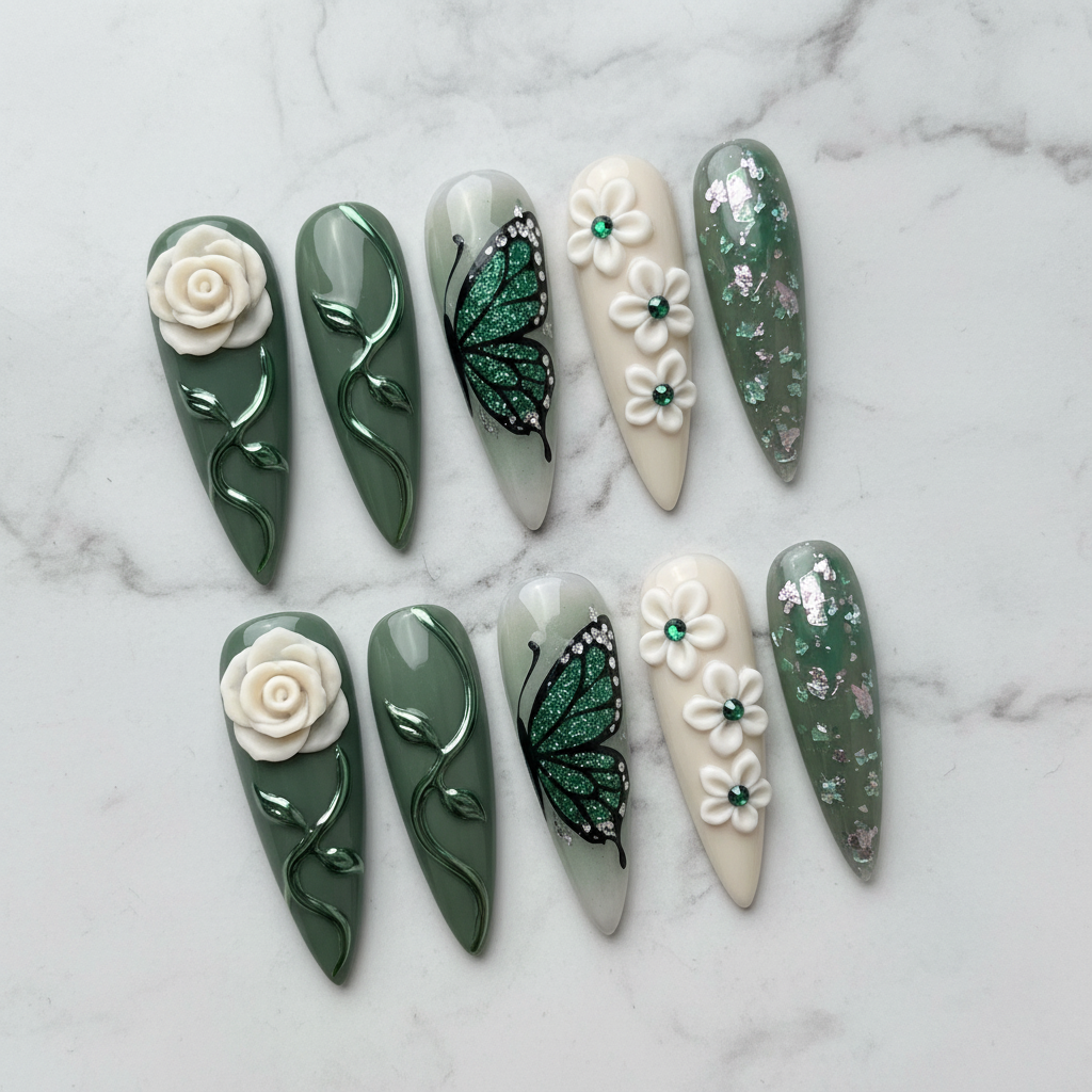 Full set 10 sage green butterfly 3D rose press-on nails on marble background custom press-on nails — LuxepressCo