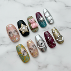 Kawaii cat 3D pearl star chrome spiral custom press-on nails full set on white marble — LuxepressCo