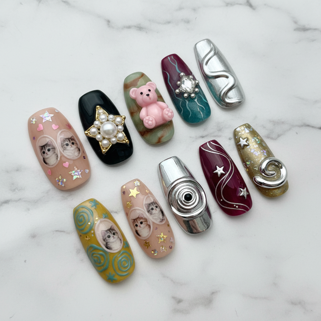 Kawaii cat 3D pearl star chrome spiral custom press-on nails full set on white marble — LuxepressCo