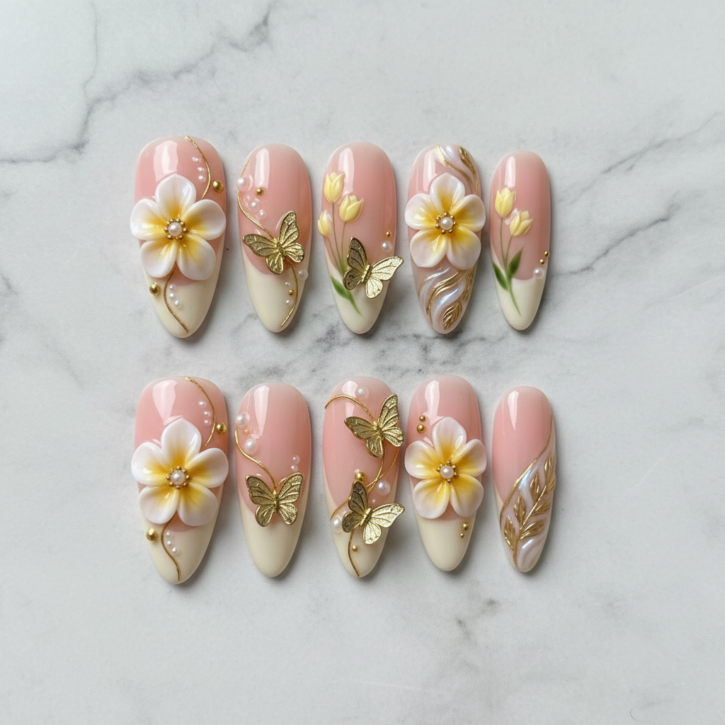 Flat lay top-down full set 10 luxury 3D plumeria gold butterfly custom press-on nails white marble — LuxepressCo