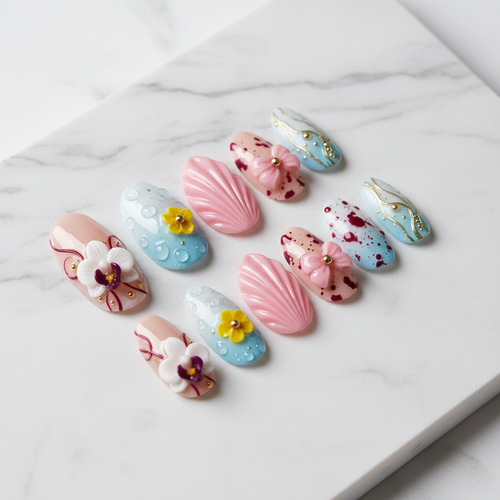 3D floral sculptured almond custom press-on nails full set white marble background — LuxepressCo