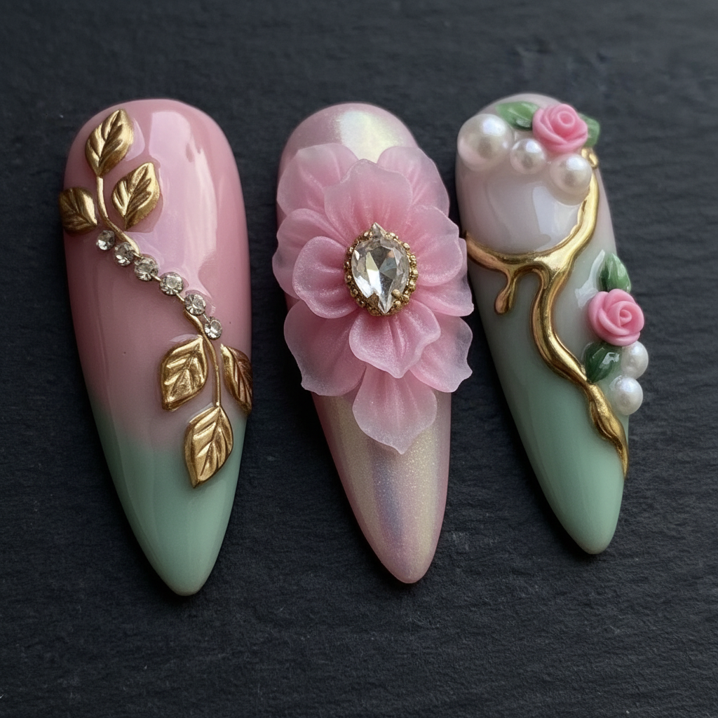Macro close-up 3D pink dahlia flower crystal rhinestone custom press-on nails dramatic lighting — LuxepressCo