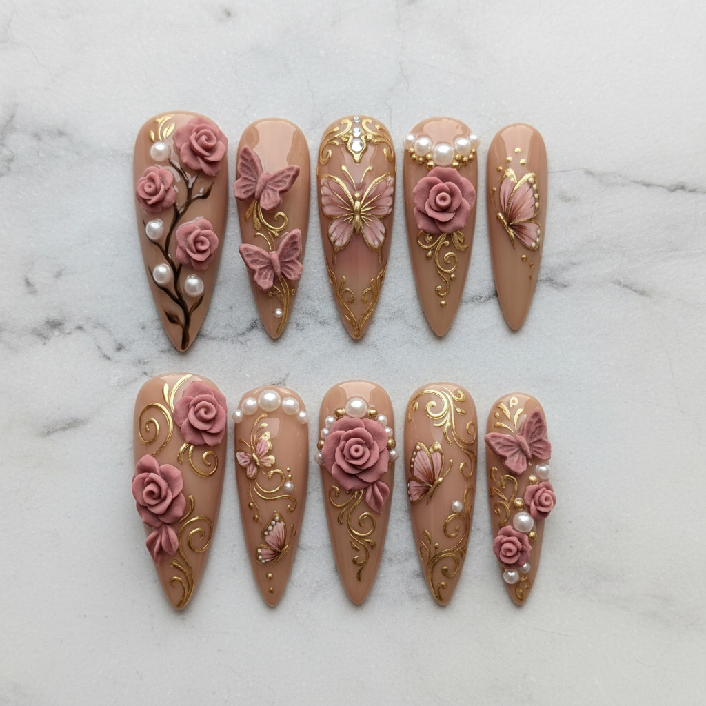 Full set 10 3D rose butterfly gold filigree pearl stiletto custom press-on nails white marble hero shot — LuxepressCo