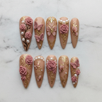 Full set 10 3D rose butterfly gold filigree pearl stiletto custom press-on nails white marble hero shot — LuxepressCo