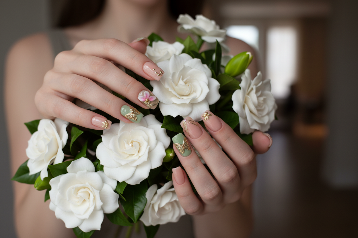 Fair-skin hands wearing sage green butterfly floral gold enamel leaf custom press-on nails holding white gardenias — LuxepressCo