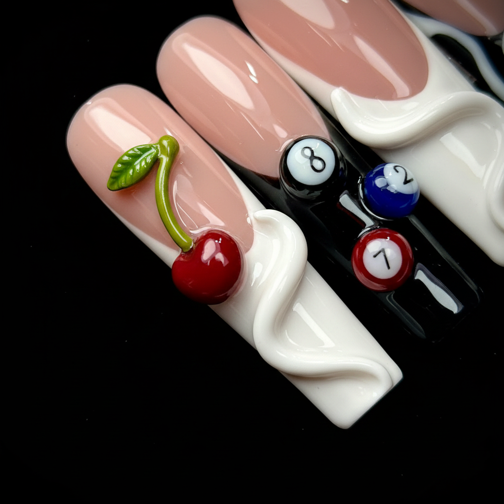 Macro close-up 3D cherry charm billiard 8-ball cream swirl Y2K custom press-on nails coffin — LuxepressCo