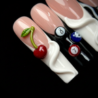 Macro close-up 3D cherry charm billiard 8-ball cream swirl Y2K custom press-on nails coffin — LuxepressCo