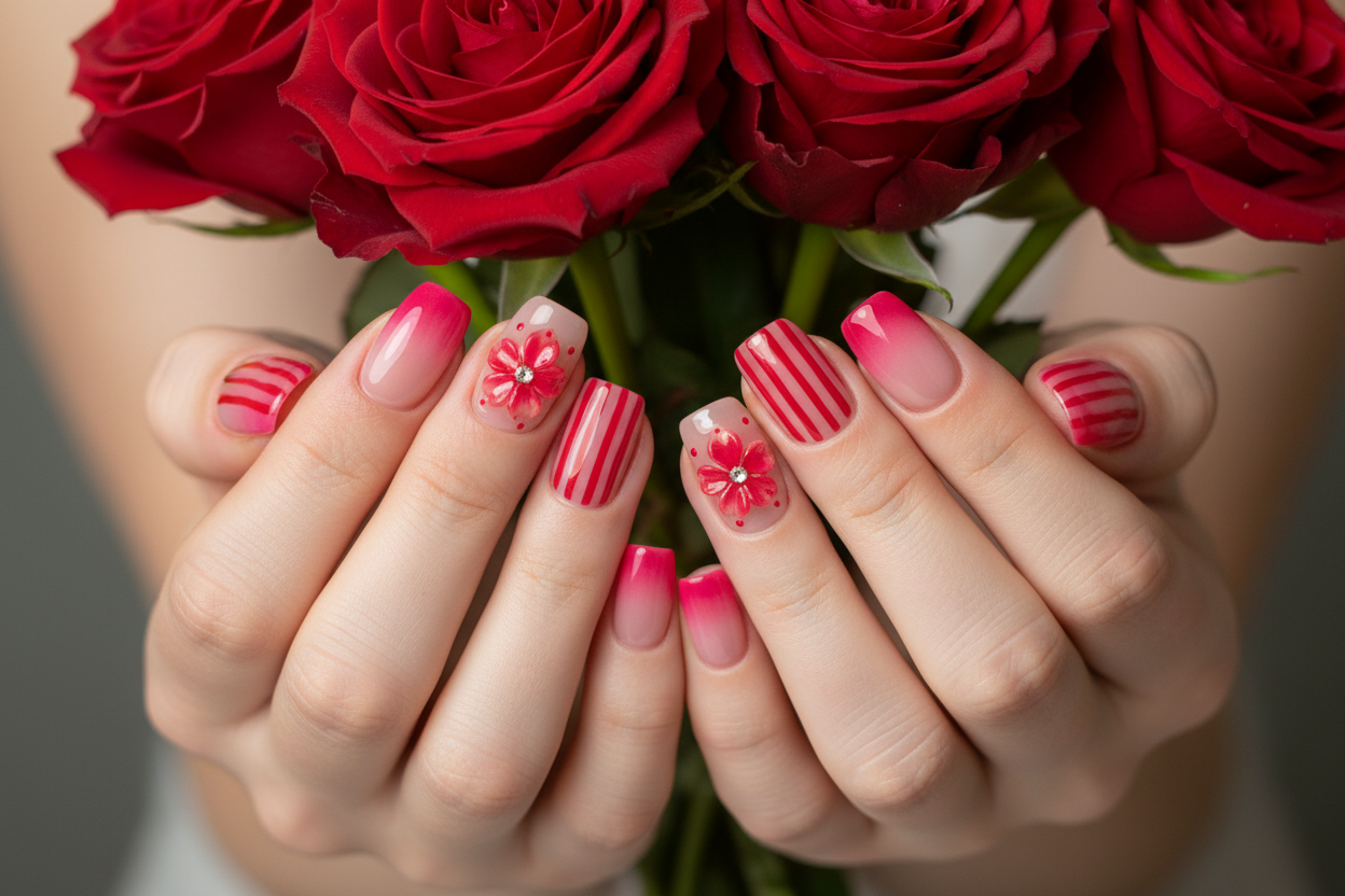 Light skin hands holding red roses wearing pink cherry blossom reusable nails salon-quality — LuxepressCo
