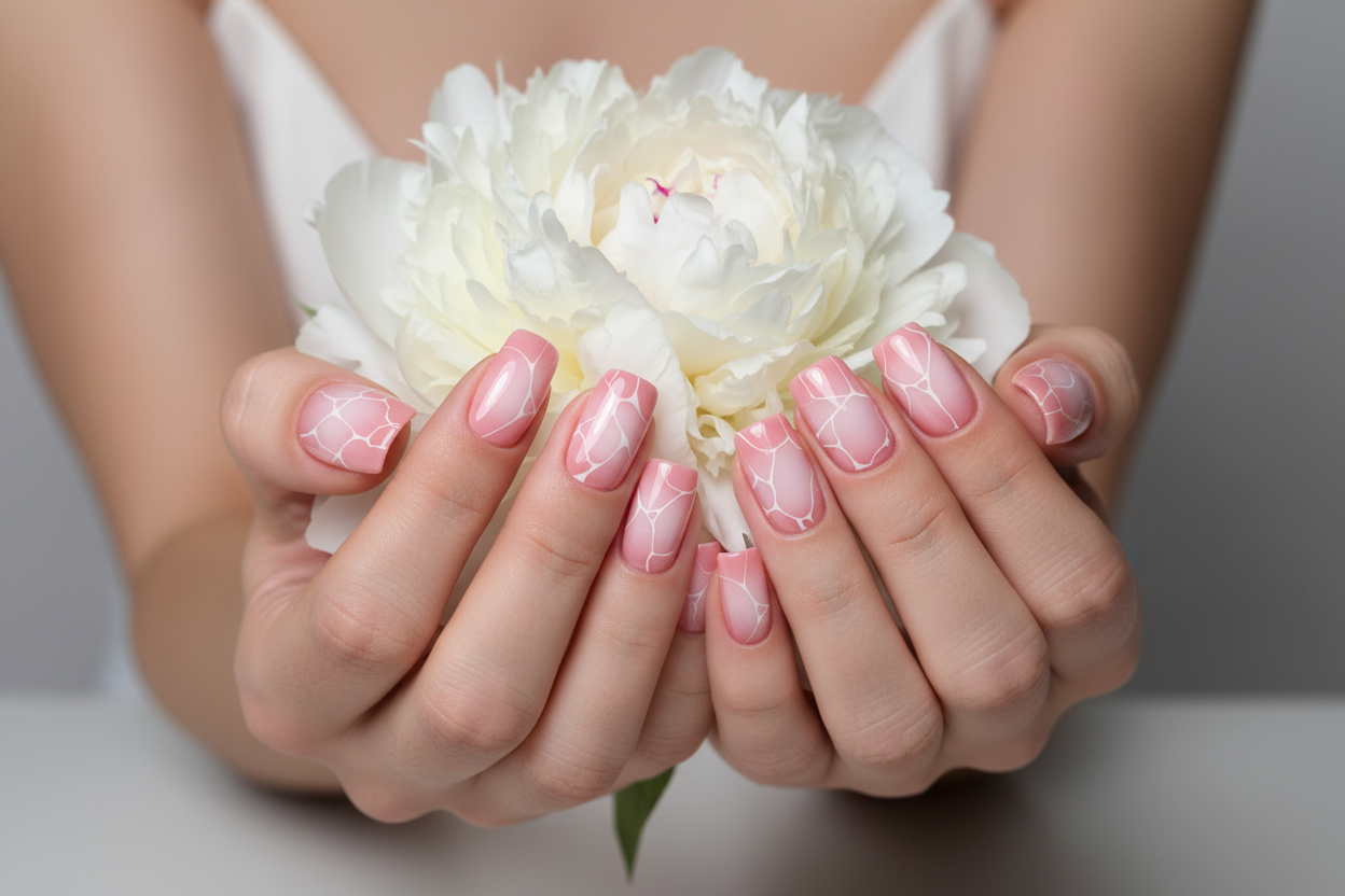 Light skin hands holding white peony wearing pink marble web reusable nails salon-quality — LuxepressCo