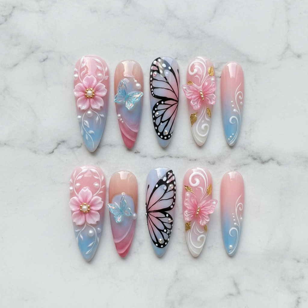 Flat lay top-down full set 10 luxury 3D butterfly floral custom press-on nails white marble — LuxepressCo