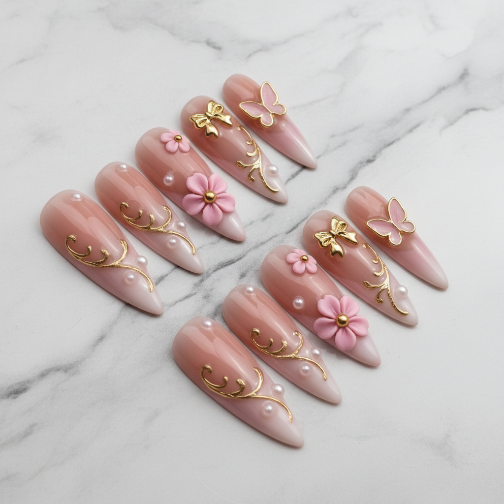 Hero studio shot full set 10 stiletto custom press-on nails nude pink gold filigree 3D flowers pearl bow butterfly white marble — LuxepressCo