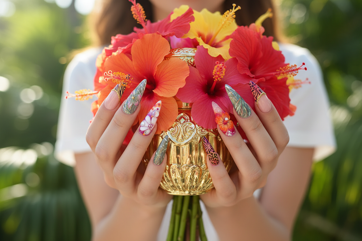 Light-skin European hands wearing 3D tropical floral butterfly custom press-on nails holding hibiscus bouquet — salon-quality nails lifestyle — LuxepressCo