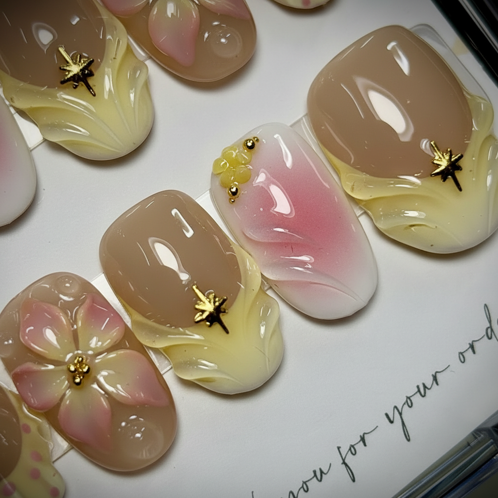 Macro close-up floral aura jelly 3D flower gold star reusable salon-quality press-on nails — LuxepressCo