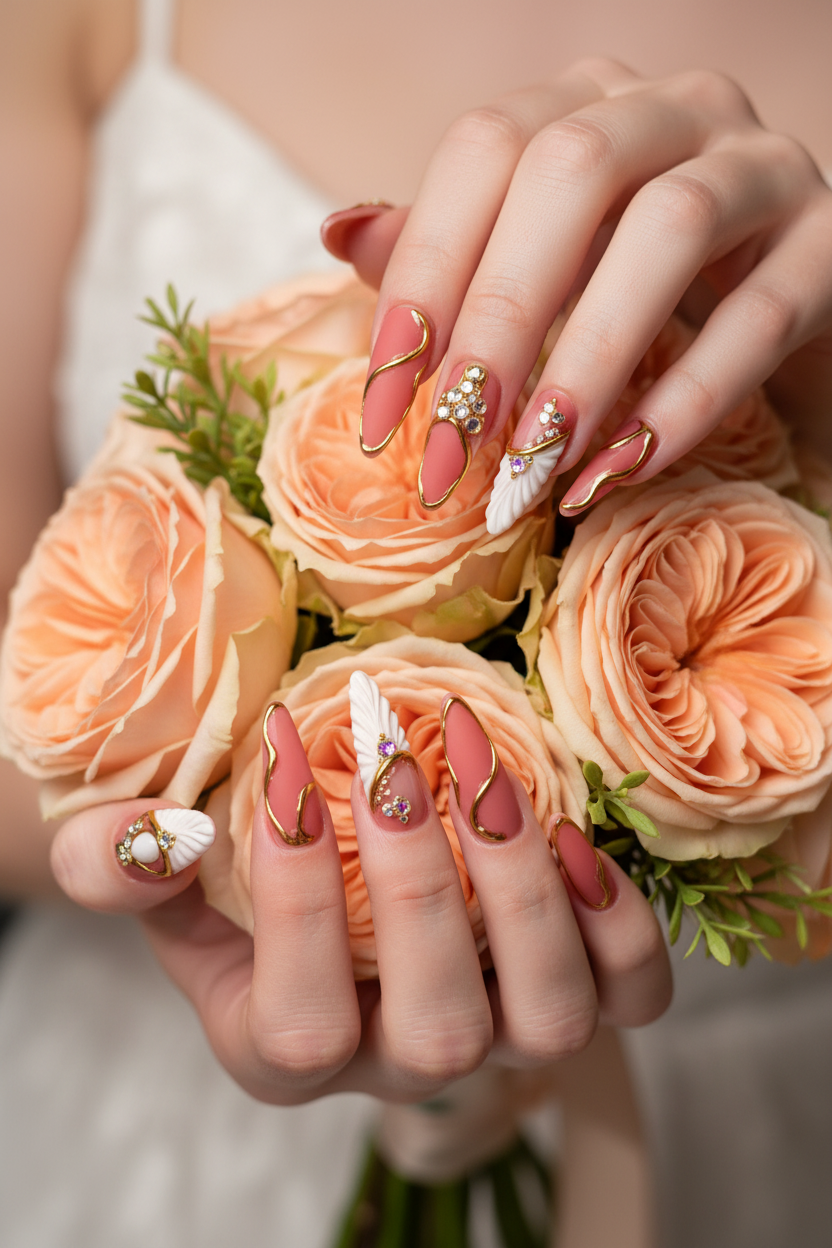 Fair-skin lifestyle terracotta coral gold frame angel wing custom press-on nails holding peach roses — LuxepressCo