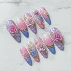 Full set 10 luxury 3D floral press-on nails pink purple ombre marble background studio hero shot custom press-on nails — LuxepressCo