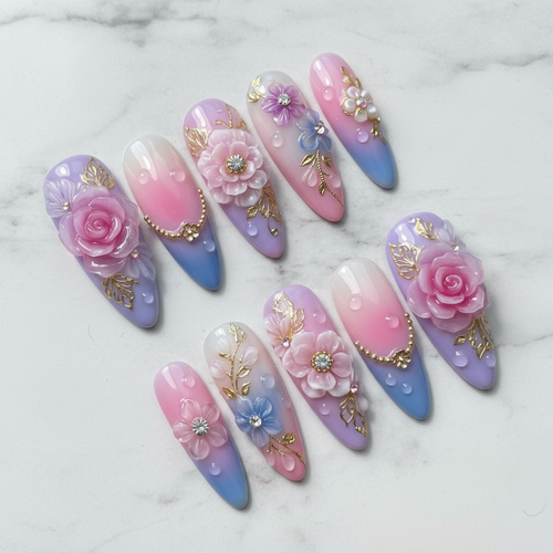 Full set 10 luxury 3D floral press-on nails pink purple ombre marble background studio hero shot custom press-on nails — LuxepressCo