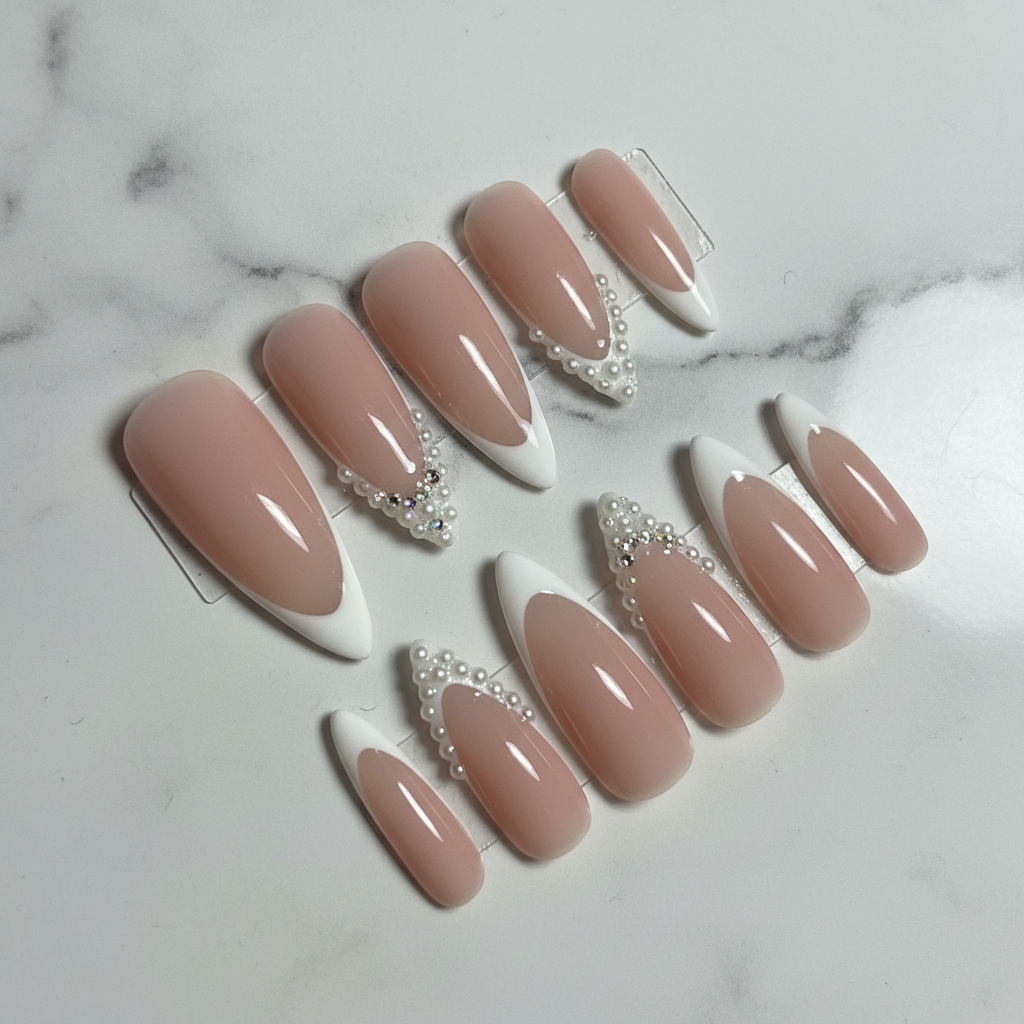 Full set 10 nude blush white French tip pearl rhinestone scalloped border almond custom press-on nails on marble — LuxepressCo