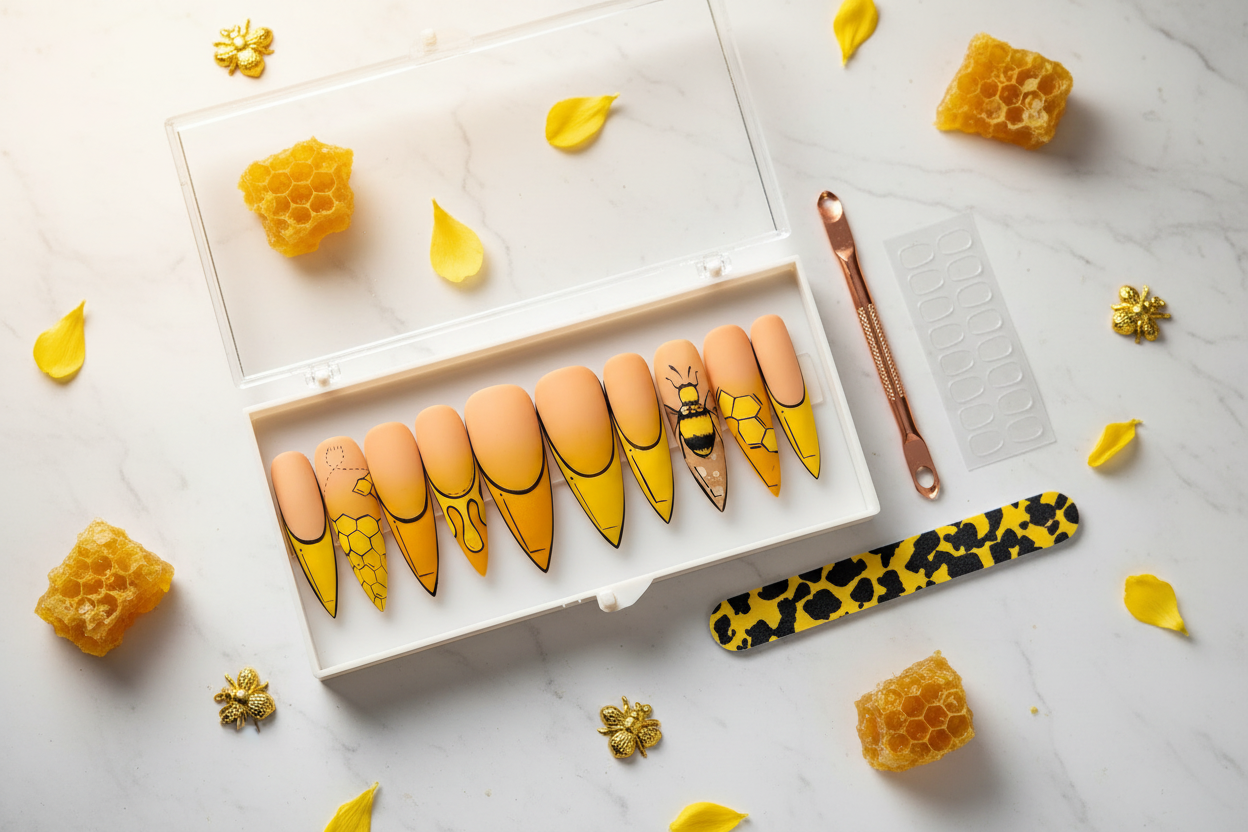 Luxury unboxing acrylic box bumblebee honeycomb honey drip gold chrome bee stiletto press-on nails with accessories — LuxepressCo